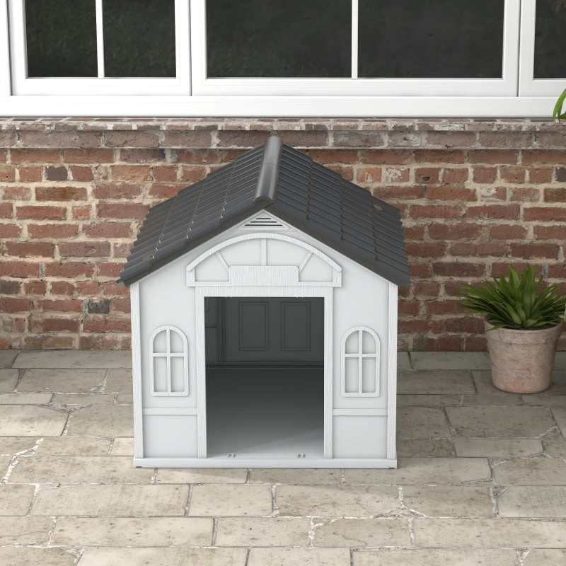 PawHut Casa para Cães 84,2x98,2x82 cm Casa para Cães com Janelas e Teto com Imitação de Telhas Casota para Cães Cinza
