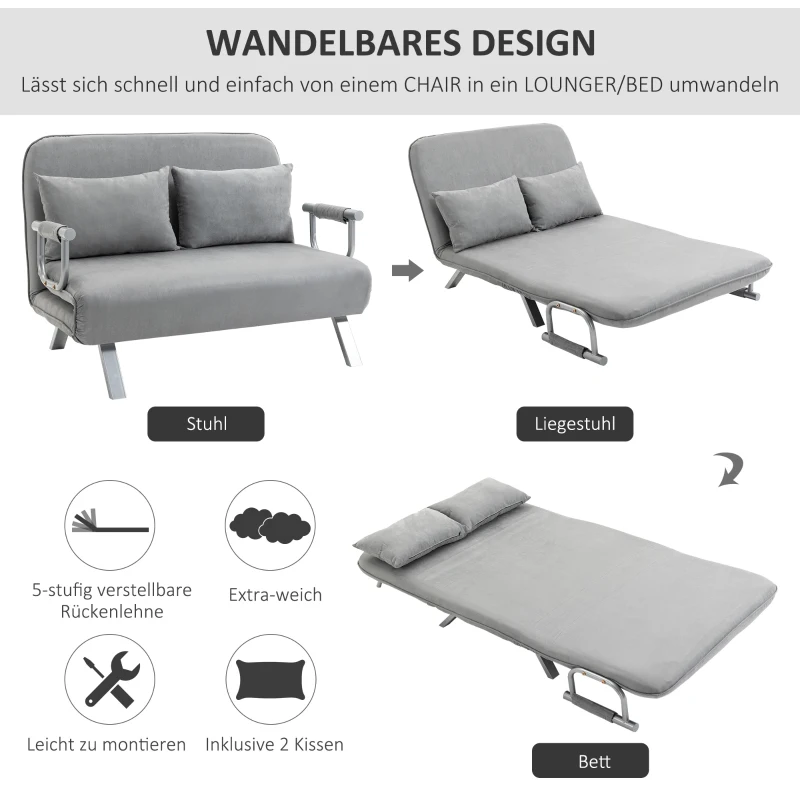 HOMCOM Schlafsofa, Doppelsofa, Gästebett, inklusive 2 Kissen, Grau