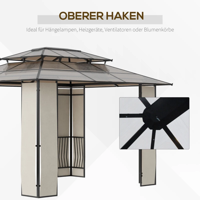 Outsunny Gartenpavillon Pavillon mit Sonnendach aus Polycarbonatplatten UV-Schutz wasserabweisend Robust Braun+Hellgrau 3,65 x 3 x 2,75 m