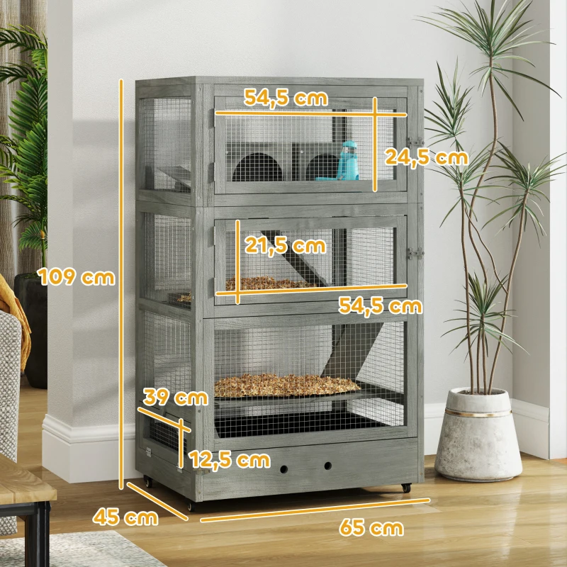 PawHut Cage pour hamster en bois à quatre niveaux, avec cabanes, bascule, bols d'alimentation, rampes, roulettes, 65 x 45 x 109 cm, Gris