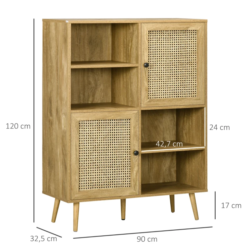 HOMCOM Buffet storage cabinet tall wood and rattan design 2 doors - dim. 90L x 32.5W x 120H cm