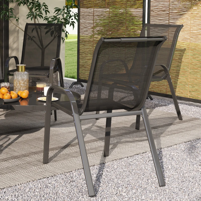 Outsunny Conjunto de 4 Cadeiras de Jardim Empilháveis Cadeiras de Jardim com Tecido Respirável Estrutura de Aço 54x71x93 cm Preto