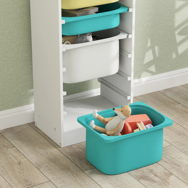AIYAPLAY Meuble de rangement pour enfant, rangement jouets enfant, avec 4 boîte de rangement, 40,8L x 30l x 90,3H cm, blanc