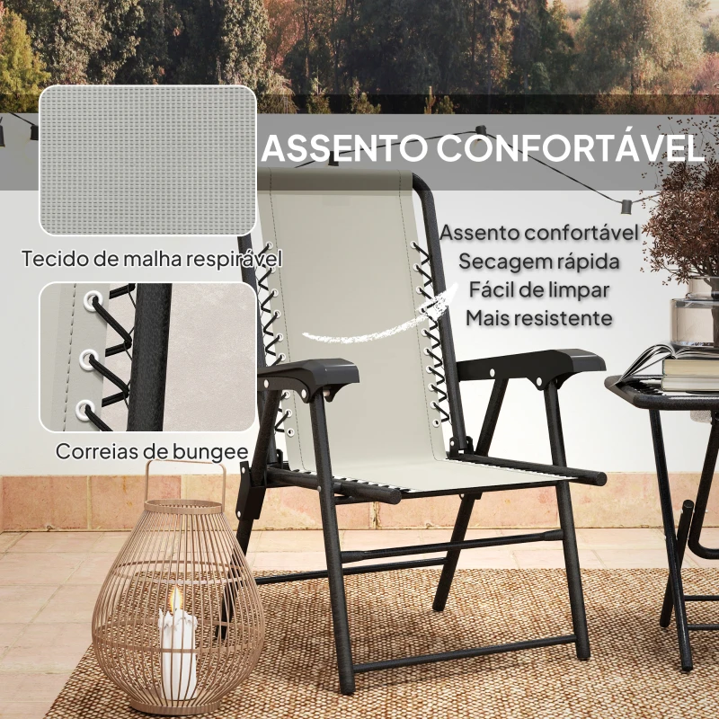 Outsunny Conjunto de Mesa e Cadeiras de Jardim Móveis de Exterior Dobrável com Estrutura de Aço e Suporte para Copos Creme