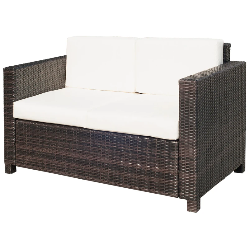 Outsunny Rattan Sofa, 2 Seater Garden Furniture with Soft Padded Cushion and Armrests, Wicker Garden Loveseat for Patio, Mixed Brown
