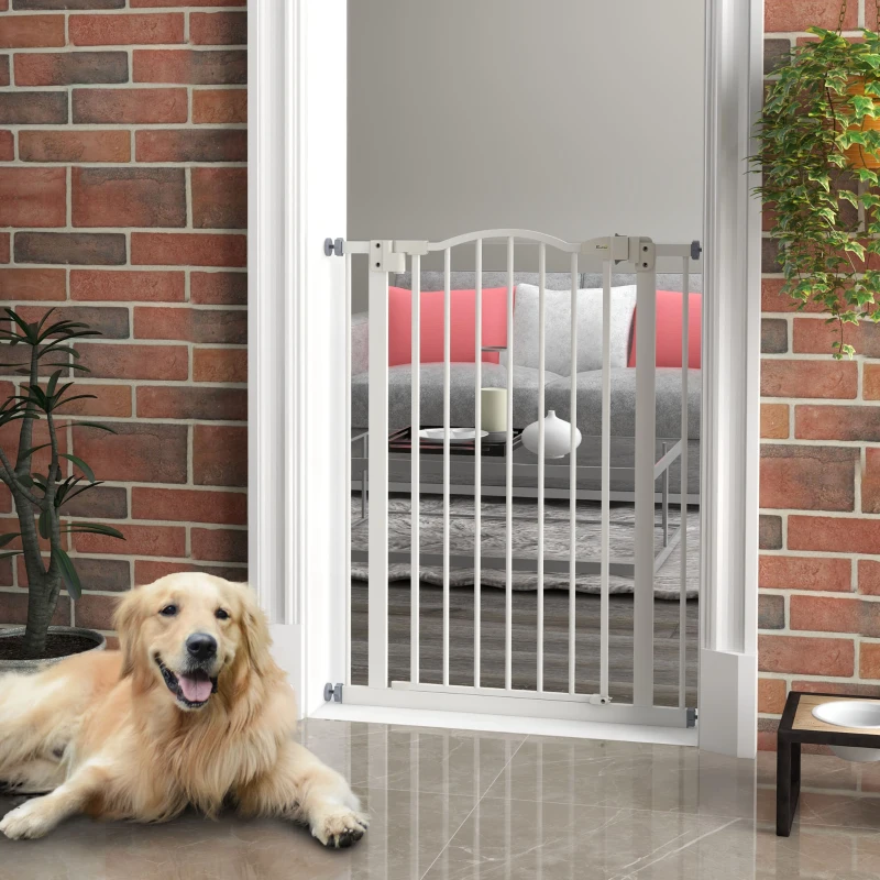 PawHut Pressure Fit Dog Stair Gate No Drilling Safety Gate Auto Close for Doorways, Hallways, 74-80cm Adjustable, 94cm Tall, White