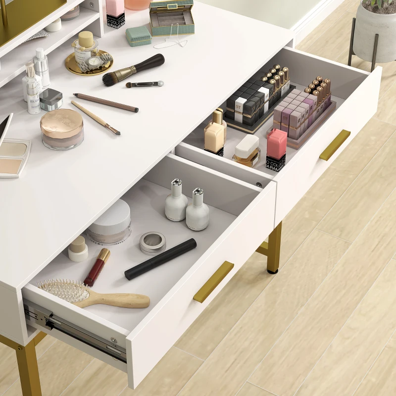 HOMCOM Coiffeuse avec Miroir pivotant à 360°, Éclairage LED, 2 tiroirs, Blanc/Or