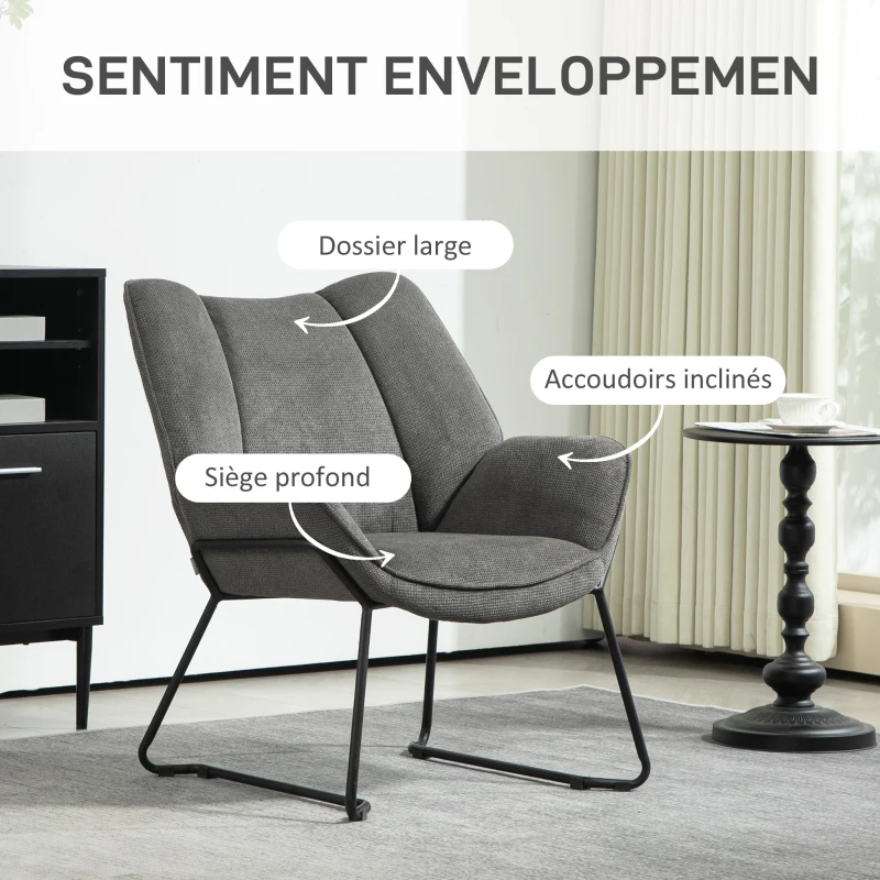 HOMCOM Fauteuil salon, fauteuil relax en lin, avec large dossier rembourré, pieds en acier, 71,5l x 67P x 79H cm, gris