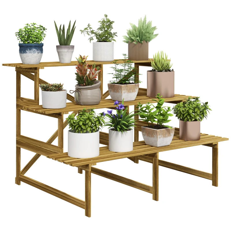 Outsunny Étagère à plantes, Étagère à fleurs, Rayonnage à fleurs, Étagère à plantes, Support à fleurs, 3 niveaux, Bois de sapin, 120 x 80 x 78cm