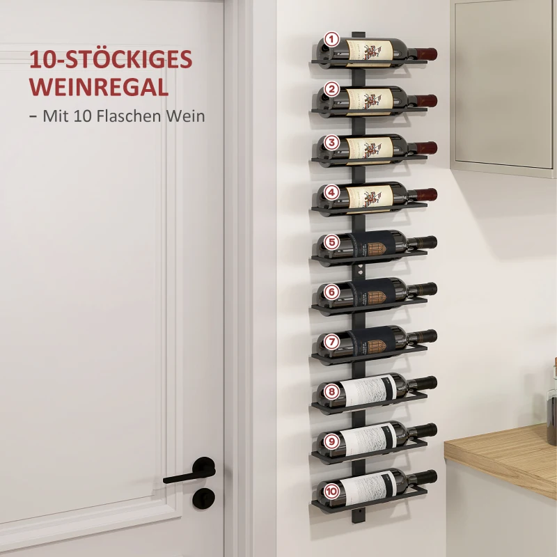 HOMCOM Weinregal, Wandregal für 10 Flaschen Wein, 10 Ebenen, Metall, für Küche, Wohnzimmer, Hausbar, Schwarz(m-4)