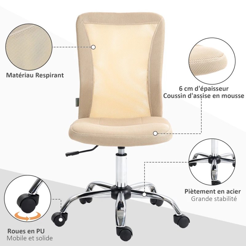 Vinsetto Chaise de bureau ergonomique hauteur réglable piètement chromé pivotant 360° revêtement maille beige