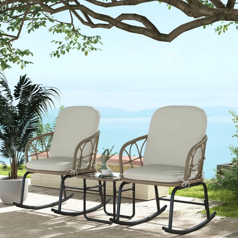Outsunny Conjunto de Móveis de Vime de 3 Peças Conjunto de 2 Cadeiras de Baloiço 1 Mesa de Centro e Almofadas Creme e Bege