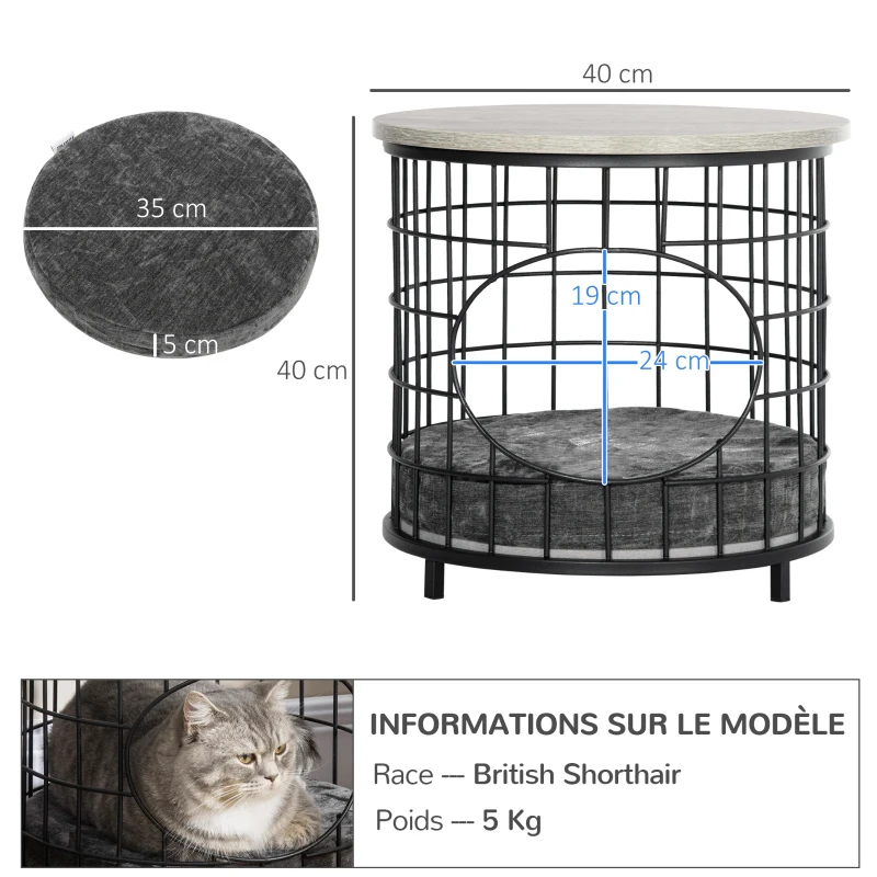 PawHut Table d'appoint pour chat 2 en 1 maison et dôme pour chat niche grotte à chat lit surélevé métal filaire avec coussin amovible - dim. Ø 40 x 40H cm