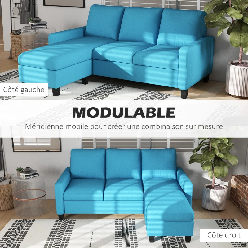 HOMCOM Canapé d'angle canapé 3 places avec méridienne réversible gauche ou droite pour salon, bureau, appartement bleu