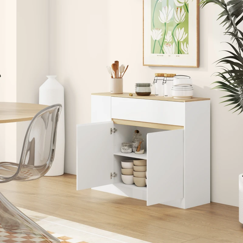 HOMCOM Buffet, grand compartiment d'armoire, 3 étagères, tiroir, 105 x 30 x 81,5 cm, Blanc/Bois(m-4)