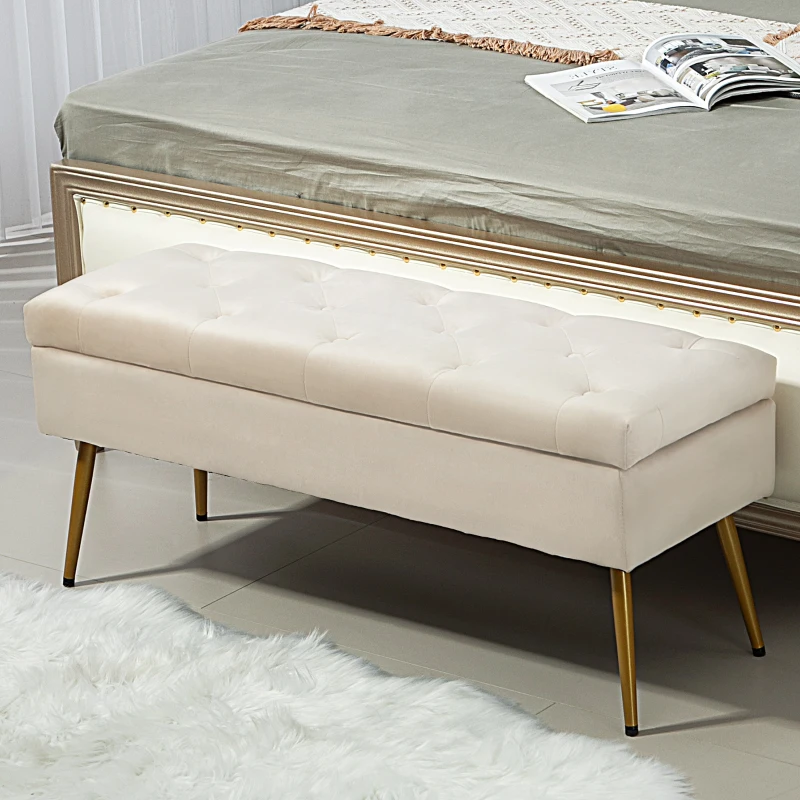 HOMCOM Banquette de Rangement en Velours, Tabouret Rembourré avec Design Capitonné, Structure Métallique, 102 x 35 x 43 cm, Beige