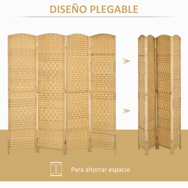 HOMCOM Separador de Ambientes de 4 Paneles Biombo Plegable 180x180 cm Pantalla de Privacidad de Polipropileno Natural