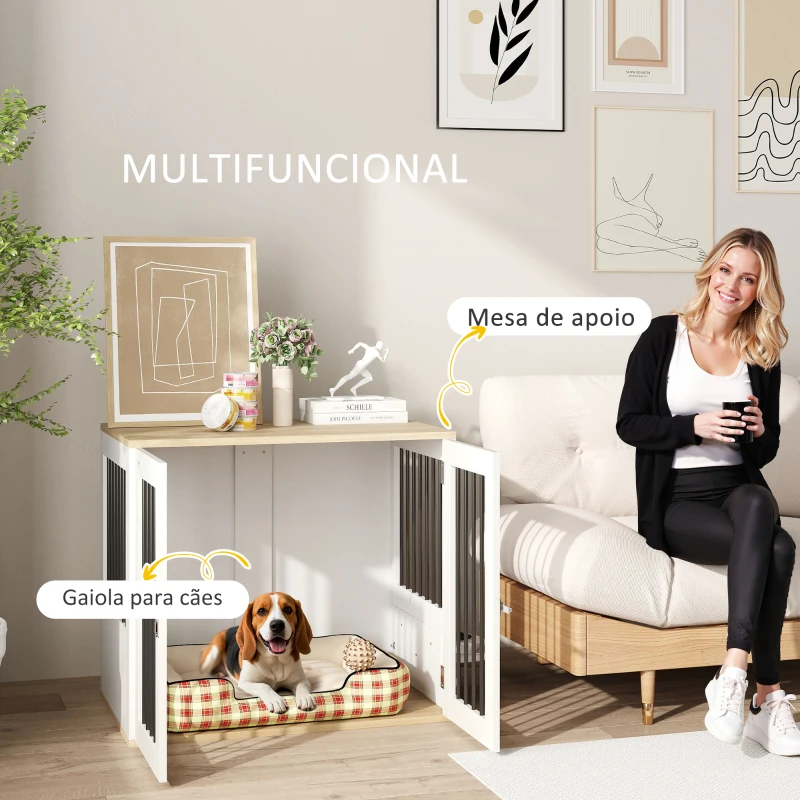 PawHut Gaiola para Cães 2 em 1 Mesa Auxiliar com 2 Portas com Trava Comedouro Giratório de 360° 2 Tigelas 80x55x71,5 cm Branco