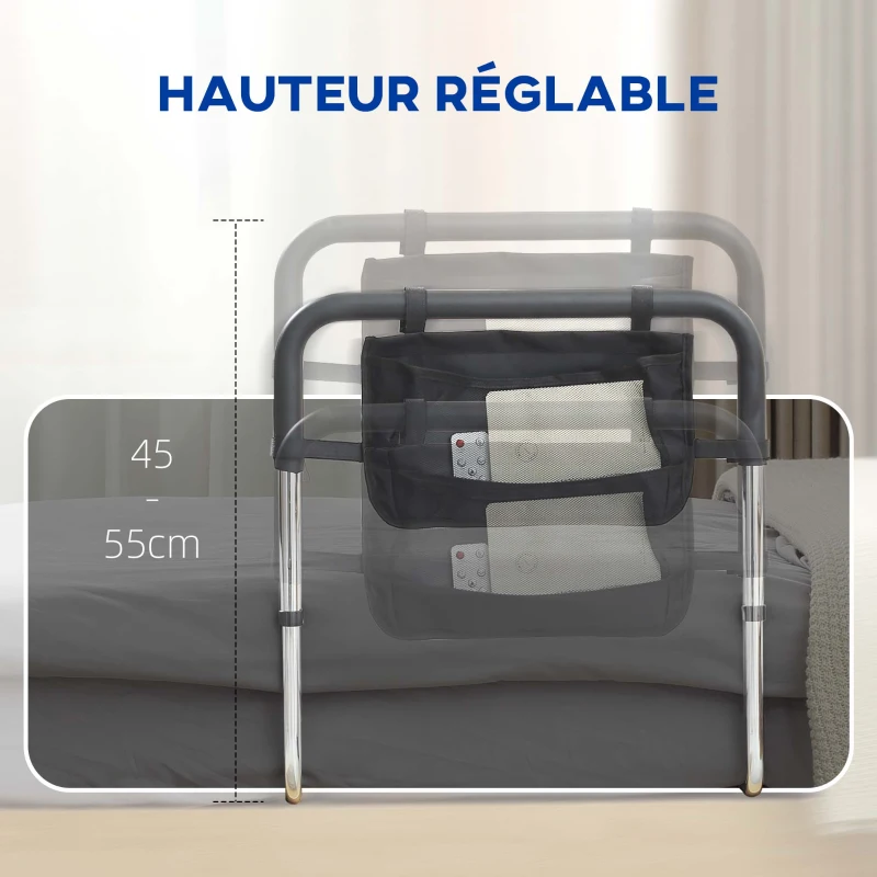 HOMCOM Barre d'appui lit barrière sécurisée protection poignée réglable 5 hauteurs pochette rangement 87Lx51,5lx45-55H cm