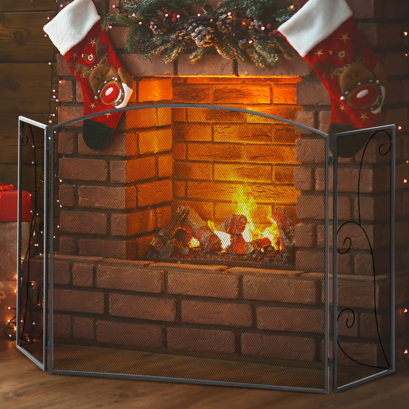 HOMCOM Pare-feu pour cheminée ou poêle design élégant Pare-étincelles 3 Volets Pliables dim. 132,5L x 76,5H cm Acier métal Noir