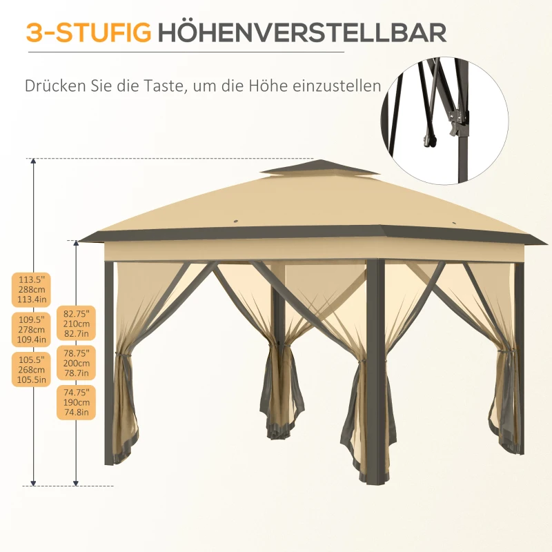 Outsunny Faltpavillon, Gartenpavillon, Metall und Stoffplane, Netzvorhänge, Entwässerungslöcher, 330L x 330B x 288H cm, Beige