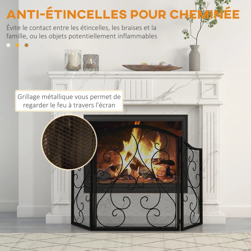 HOMCOM Pare-feu cheminée ou poêle - Pare-étincelles 3 Volets Pliables - dim. 66 x 31 x 81 cm - métal Noir