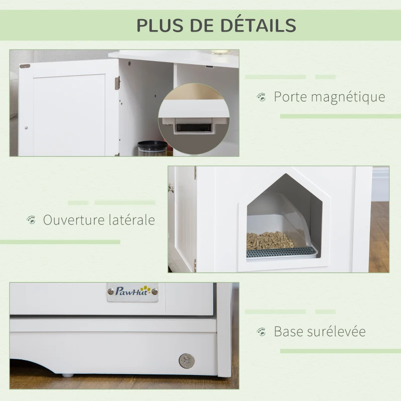 PawHut Maison de toilette pour chat design meuble cache litière 2 en 1 table d'appoint 2 portes avec cloison amovible blanc