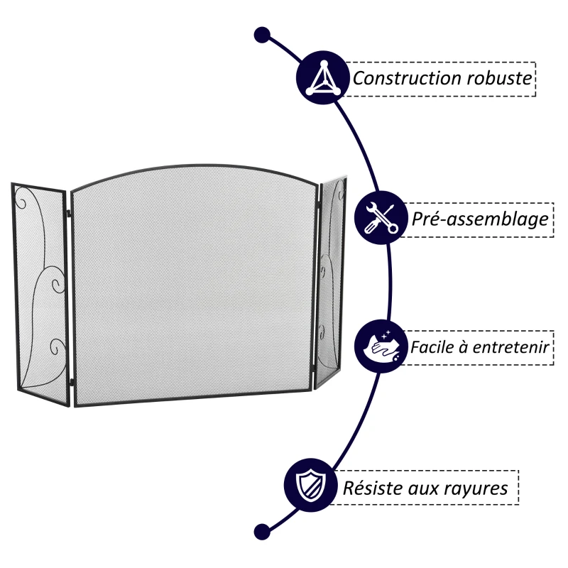 HOMCOM Pare-feu pour cheminée ou poêle design élégant Pare-étincelles 3 Volets Pliables dim. 132,5L x 76,5H cm Acier métal Noir