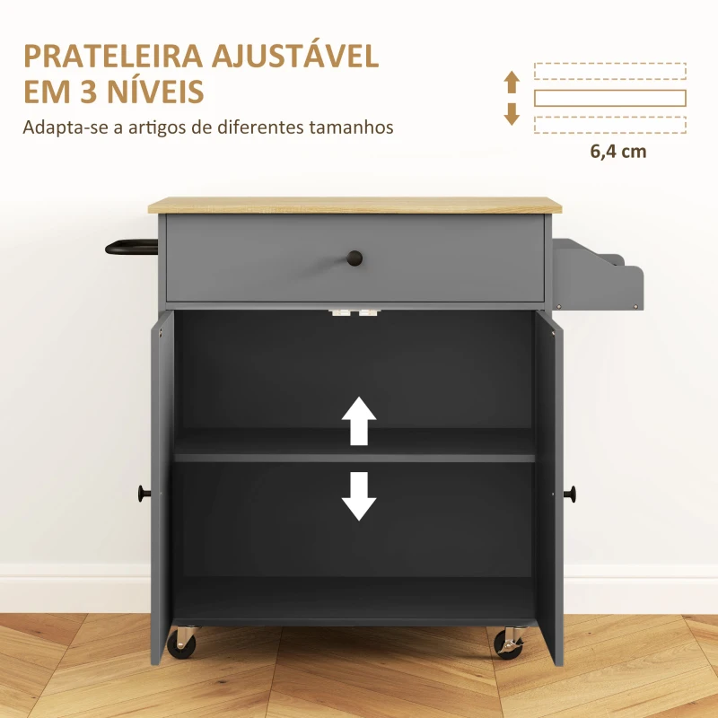 HOMCOM Ilha de Cozinha com Rodas com Lateral Dobrável Gaveta Suporte para Temperos e Prateleira Ajustável 106x42x87 cm Cinza e Carvalho