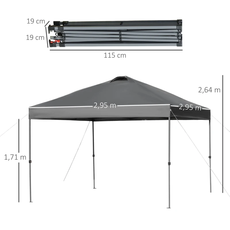 Outsunny Pavillon de jardin, Pavillon pliant, Tente de fête, Tente de jardin incl. Piquets de sol, Cordes de fixation, Tissu Oxford, 2,95 x 2,95 x 2,64 m, Gris