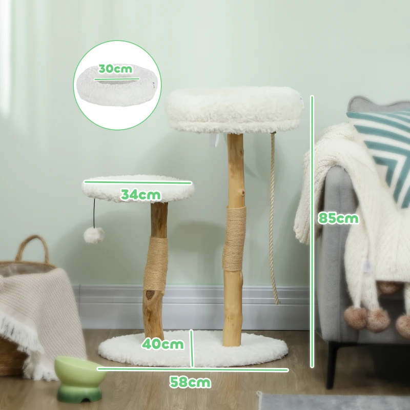 PawHut Kratzbaum Kletterbaum mit Bett Kratzstangen Sprungplattform Ball und Spielzeugseil 58 x 40 x 85 cm Weiß