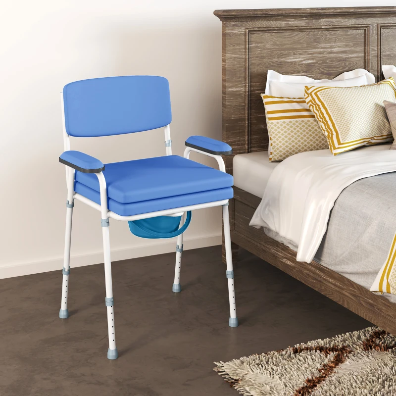 HOMCOM Chaise percée toilette multifonctions seau amovible hauteur réglable avec dossier siège et accoudoirs rembourrés bleu