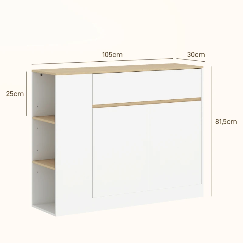 HOMCOM Buffet, grand compartiment d'armoire, 3 étagères, tiroir, 105 x 30 x 81,5 cm, Blanc/Bois(m-3)