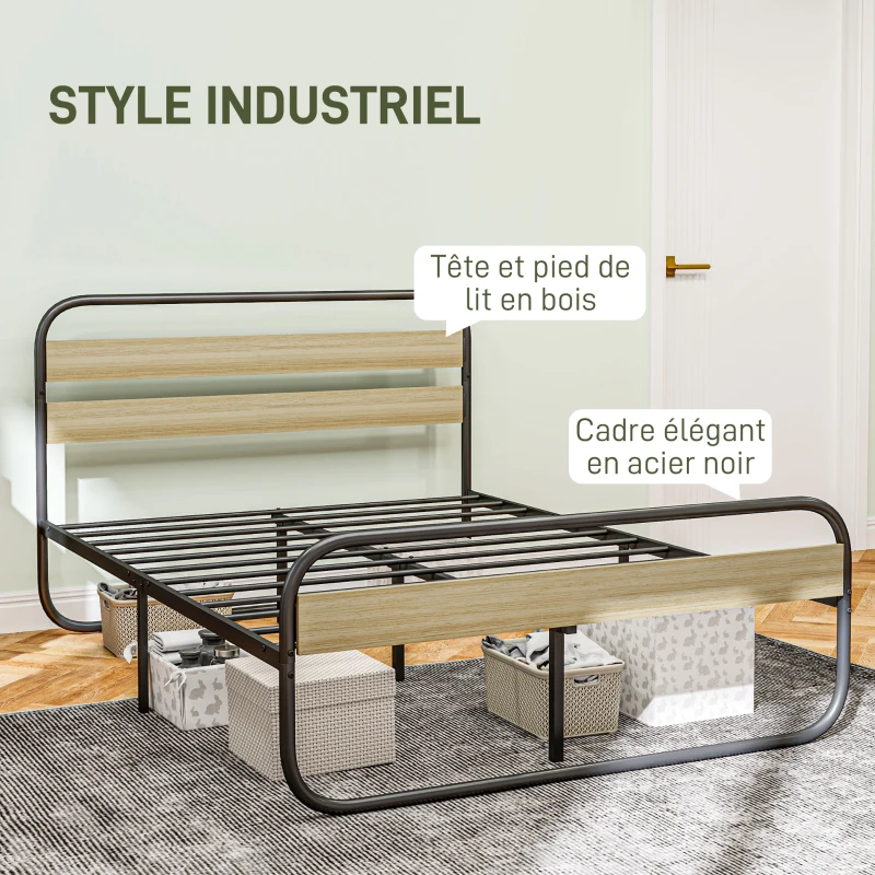 HOMCOM Lit double 140 x 190 cm, cadre de lit en acier style industriel, tête de lit et sommier inclus, aspect bois