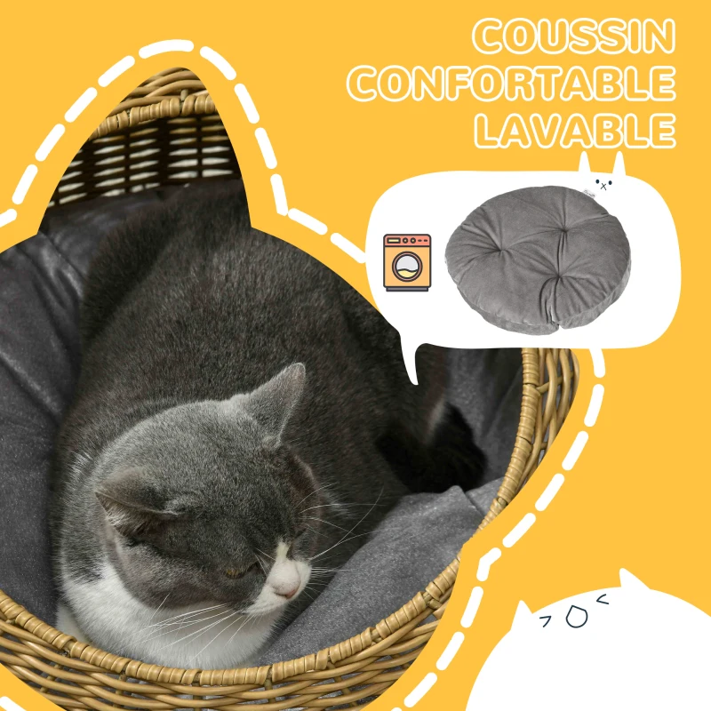 PawHut Niche pour chat lit panier de chat en résine tressée imitation rotin coussin doux déhoussable Ø 50 x 31H cm marron