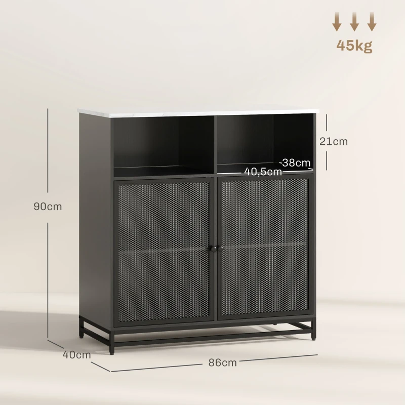 HOMCOM Buffet Aufbewahrungsmöbel marmoriertes Oberteil und doppelte Gittertür, 86 x 40 x 90 cm, Weiß und Schwarz