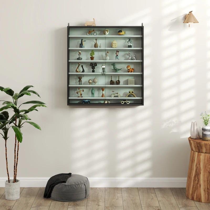 HOMCOM Six Shelf Display Cabinet, with Glass Doors - Black and White