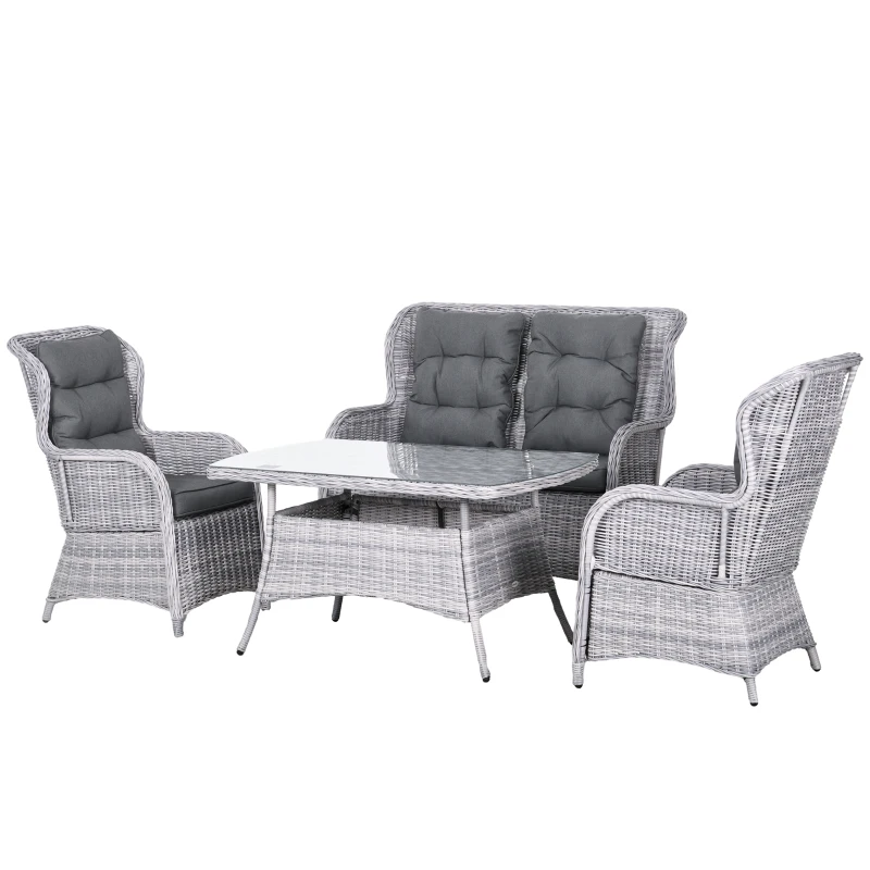 Outsunny Garden PE Rattan Dining Sofa Set, Outdoor 4 Seater Wicker Furniture, High Back Chairs with Cushions, Tempered Glass Coffee Table for Patio, Mixed Grey
