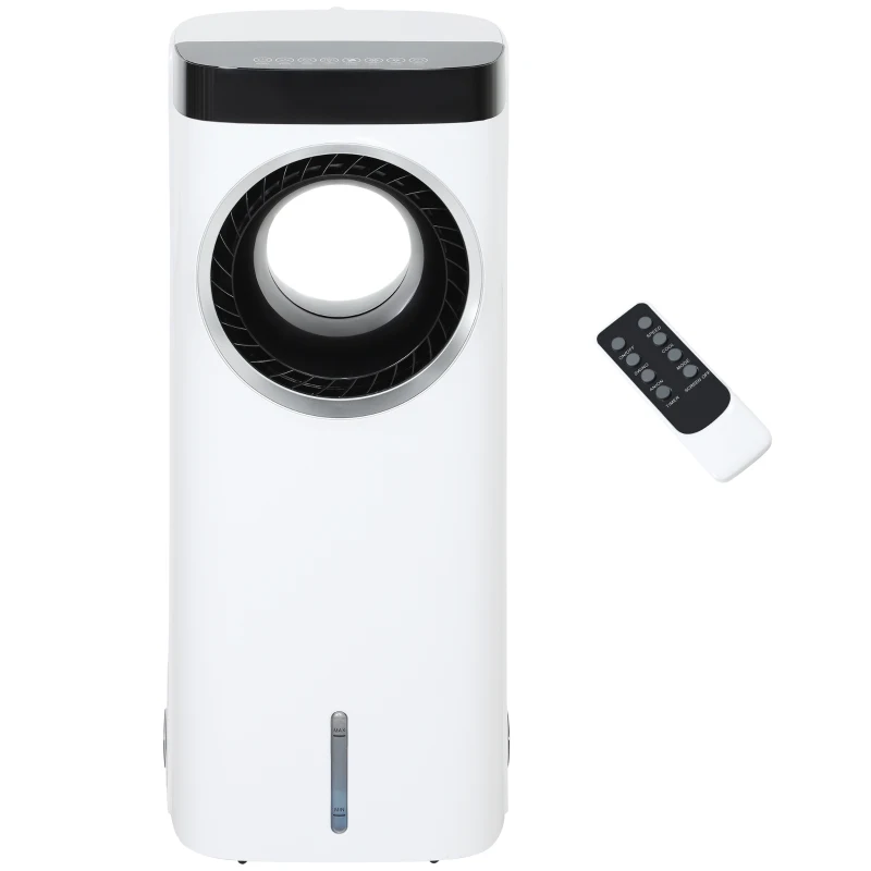 HOMCOM Evaporative Air Cooler, 6.5L 4-in-1 Bladeless Portable Cooler, Fan, Humidifier, Air Clean Anion with Oscillation, 6 Speeds, 24H Timer, Sleep Mode, 2 Ice Packs, Wheels, Remote, for Home Office