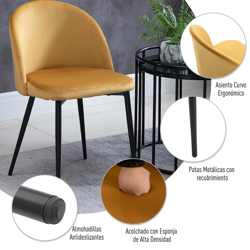 HOMCOM Pack de 2 Sillas de Comedor Tapizadas en Terciopelo con Respaldo Acolchados Patas de Metal Carga 90 kg 49x50x77 cm Camel