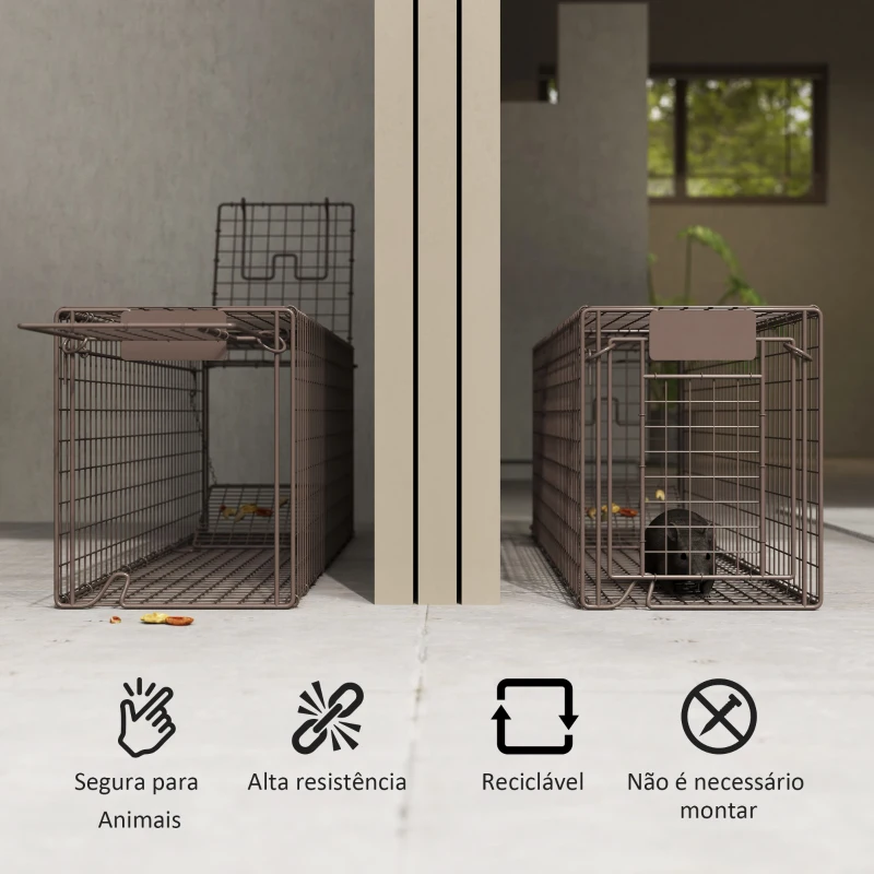 Outsunny Armadilha Animais Vivos 100x24x30 cm Armadilha para Animais Pequenos com 2 Portas e Estrutura de Aço para Interior e Exterior Marrom