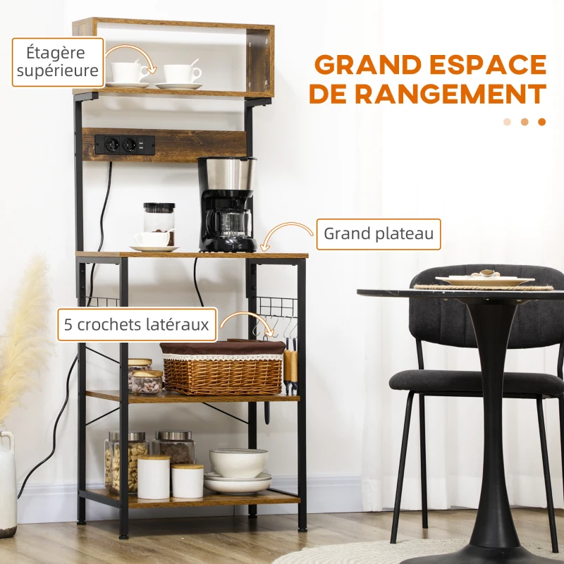 HOMCOM Étagère de cuisine support pour micro-ondes avec 2 chargeurs USB et 2 prise de courant, 5 crochets et étagère réglable