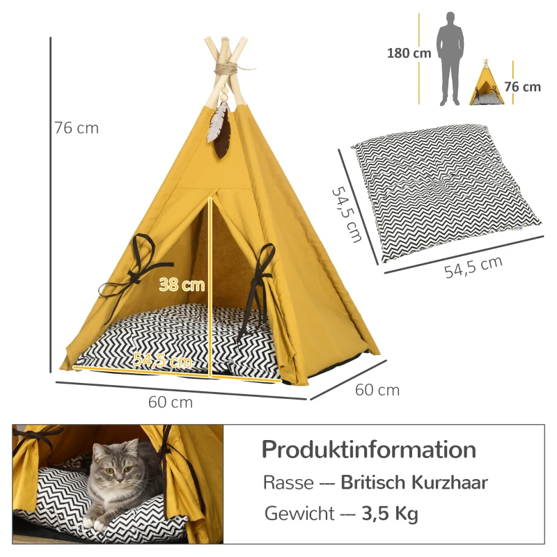 PawHut Tierbett, drolliges Tipi-Design, mit weichem Liegekissen, Bodenmatte, für Hunde und Katzen, 60 x 60 x 76 cm