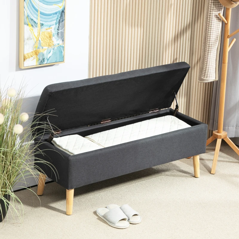 HOMCOM Banc rembourré avec espace de rangement, banquette-lit en lin, bois de caoutchouc, 110 x 39 x 45 cm, Gris foncé