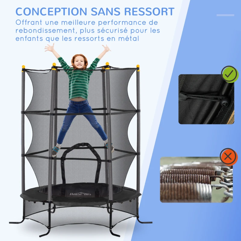 HOMCOM Trampoline Enfant Ø 1,63 × 1,9H m Filet de sécurité Porte zipée Couvre-Ressorts 6 poteaux rembourrés Inclus Noir