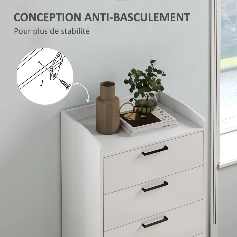 HOMCOM Commode à 5 tiroirs, commode chambre, avec glissières et poignées métalliques, anti-basculement, 60 x 40 x 114 cm, blanc