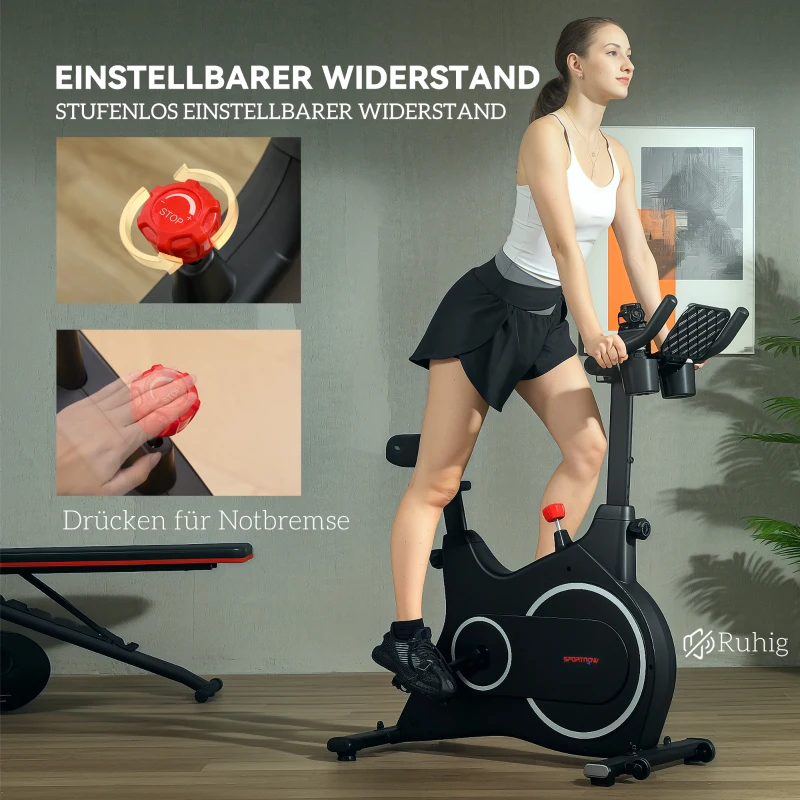 SPORTNOW Heimtrainer Fahrrad, Fitness-Bike mit LCD-Monitor, Tablet-Halter, Flaschenhalter, bequemer Sitz, kompakt, Schwarz