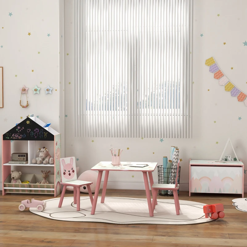 ZONEKIZ Ensemble table et chaises pour enfants, table pour enfant avec 2 chaises, motif animaux pour chambre à coucher rose