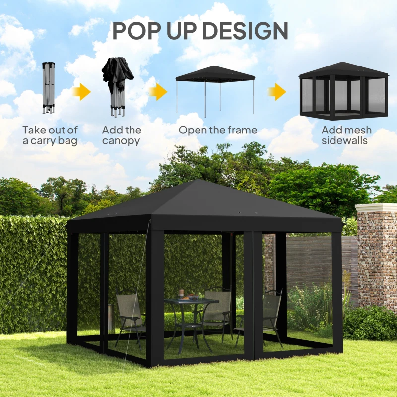 Outsunny 3 x 3 m Pop Up Gazebo, 420D Garden Tent Canopy with Removable Mesh Sidewall Netting, Carry Bag for Garden Patio Outdoor, Black