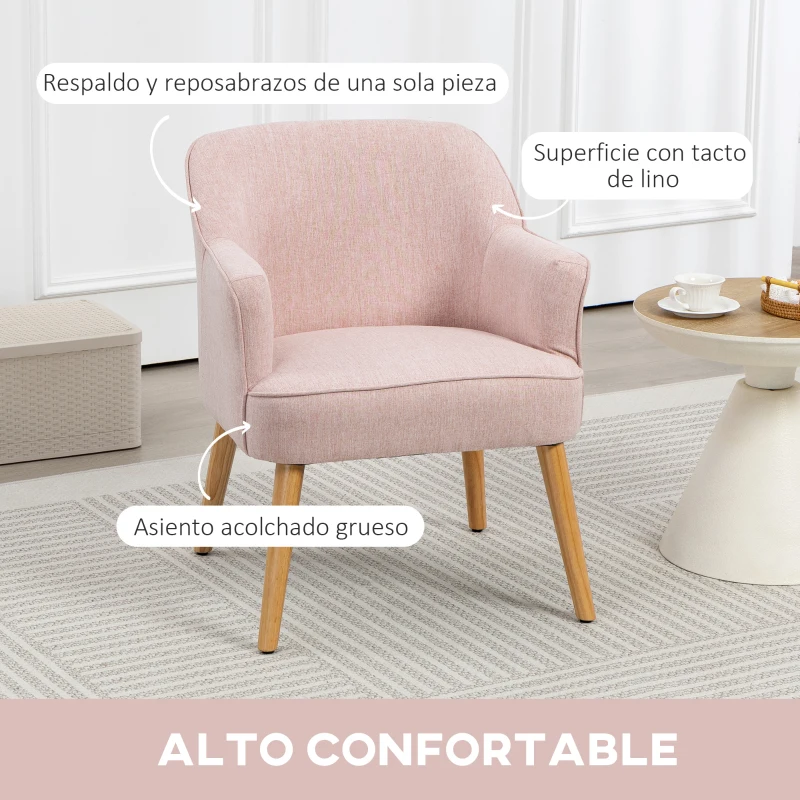 HOMCOM Butaca de Salón Moderna Sillón Individual Tapizado en Lino con Patas de Madera Carga 120 kg 64,5x65x79,5 cm Rosa